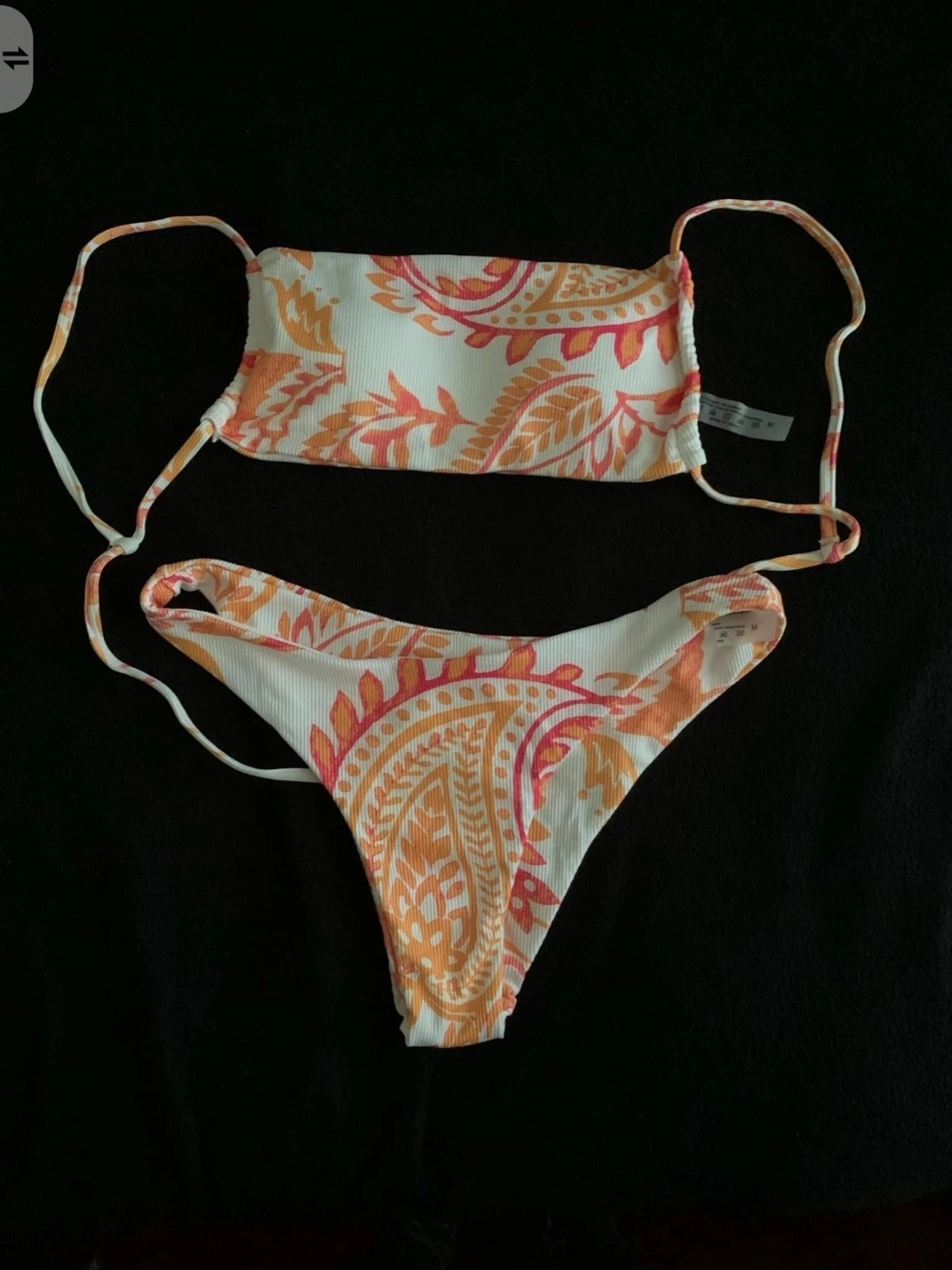 SHEIN White Paisley Print Ribbed Bikini Set with Orange and Pink Accents